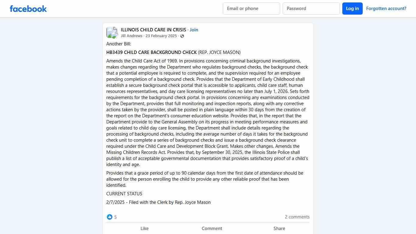 ILLINOIS CHILD CARE IN CRISIS Another Bill: Facebook